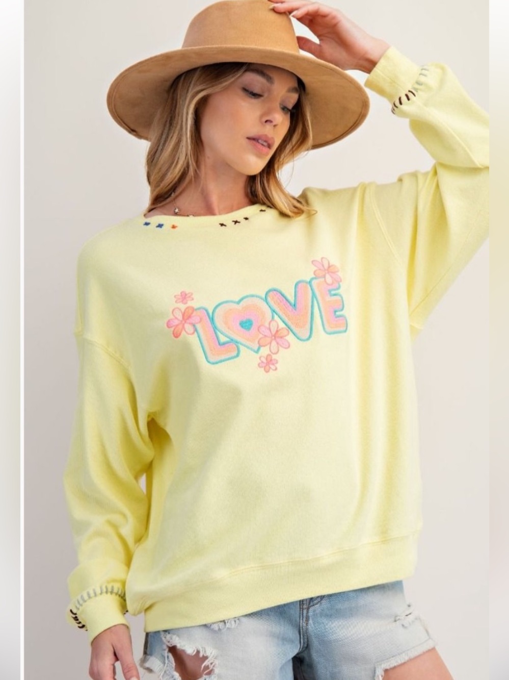 easel Yellow Pullover Sweatshirt with Pastel 'LOVE' Embroidery - Picture 2 of 3